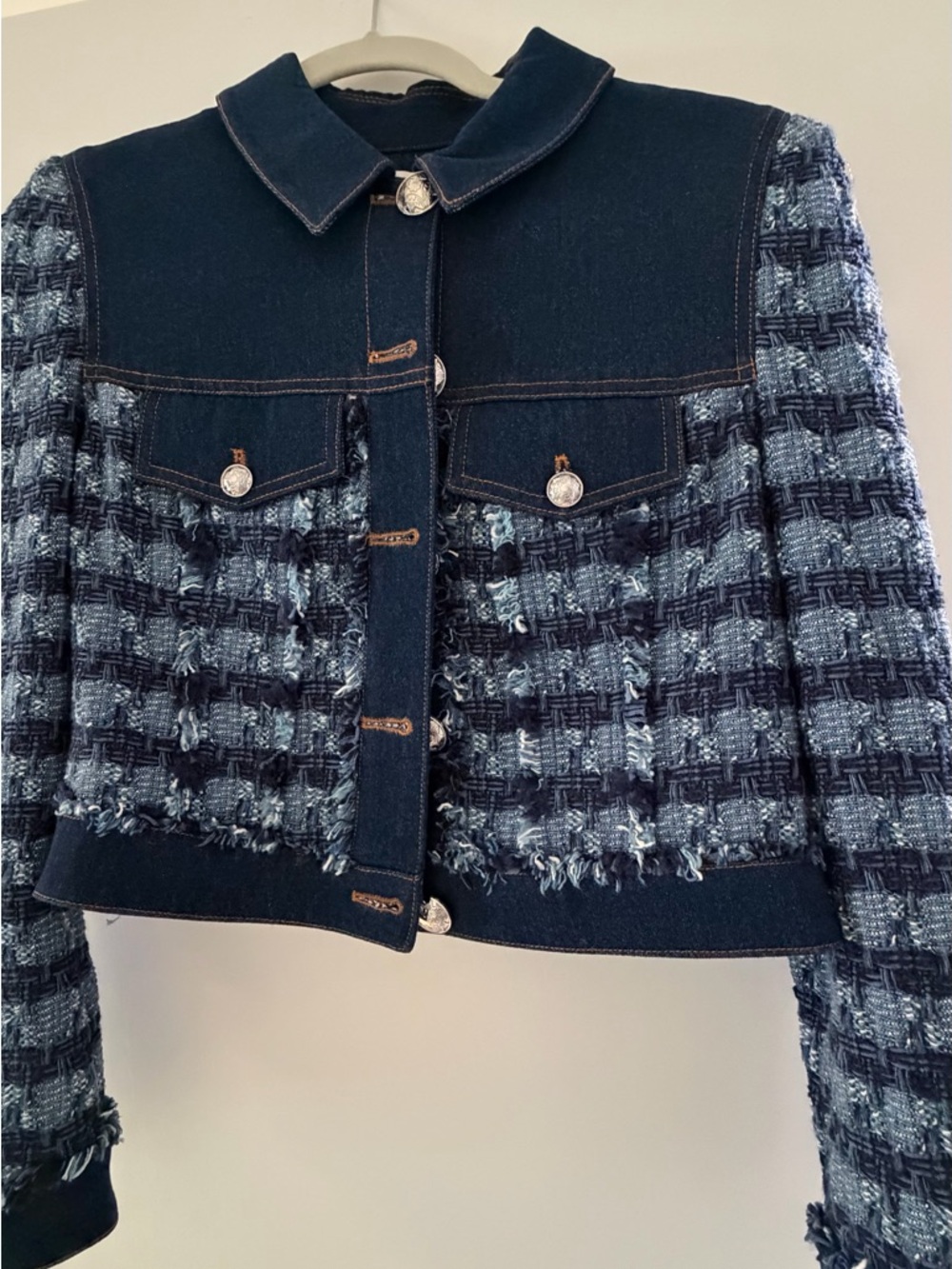 Veronica Beard Navy Tweed and Denim Cropped Jacket